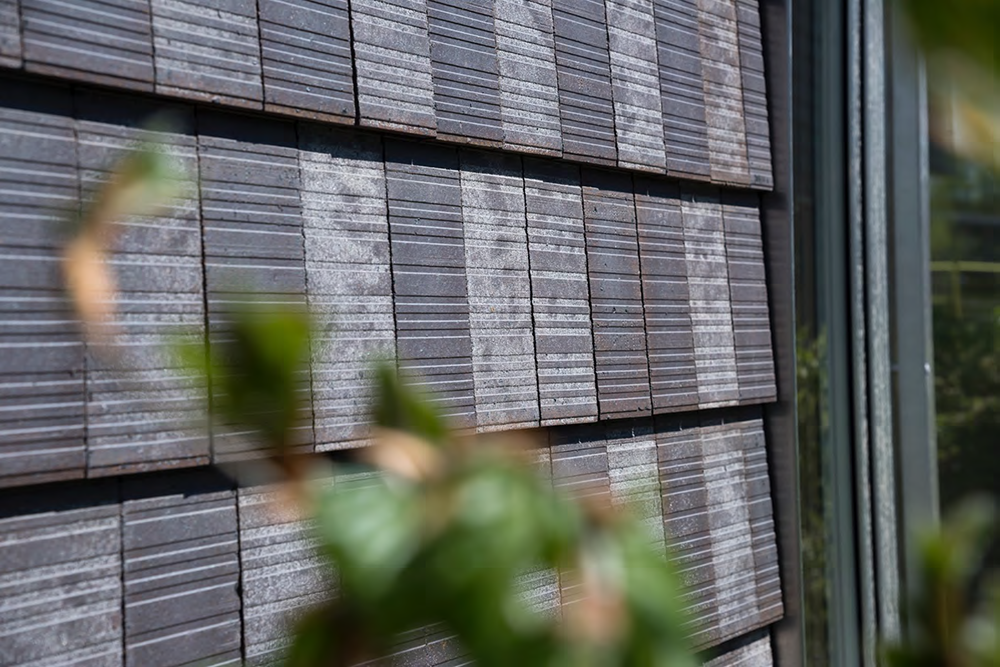 Closeup van grijze tegels met groene takken op de voorgrond