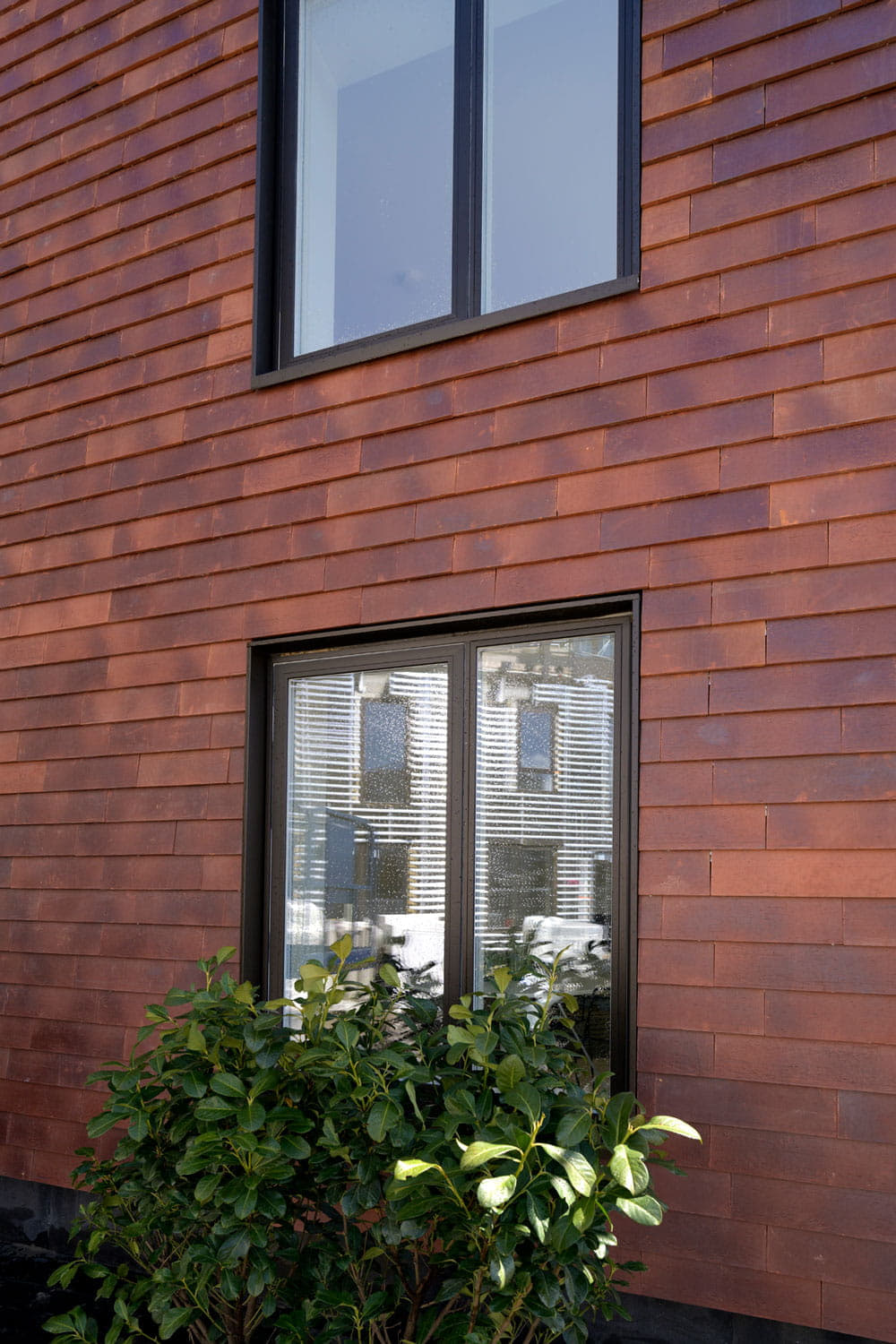 Muur met grote sidings van het keramische gevelsysteem Pantheon Nordic met twee ramen met zwarte kozijnen en een groene struik voor de ramenMuur met grote sidings van het keramische gevelsysteem Pantheon Nordic met twee ramen met zwarte kozijnen en een groene struik voor de ramen