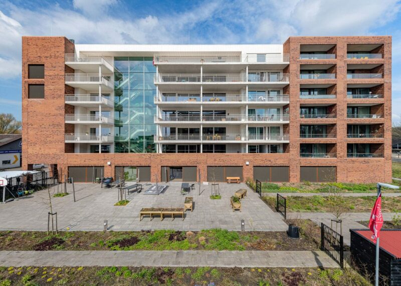 Gevelstenen leeuwarden bij een groot gebouw in warme kleur